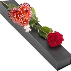 Luxurious red rose in luxury gift box (Luxury black box with red rose and heart balloon + 140 grams of heart chocolate)